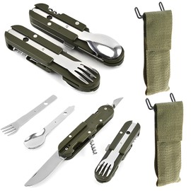 2 Stück Outdoor Bundeswehr Besteck, 5 in 1 Folding Cutlery Camping Cutlery Outdoor Cutlery Set,outdoor Besteckset mit Abnehmbarer Gabel,Löffel, Messer, Flaschenöffner und Oxford Tasche für Camping