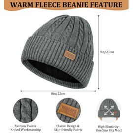 Wmcaps Warm Winter Fleece Lined Beanie, Trendy Knitted Cable Twist Hat, Unisex Snow Thermal Stocking Caps(Black)