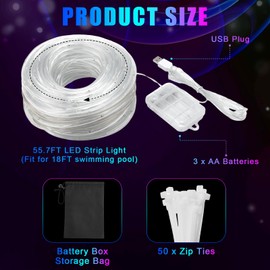 Tujoe Remote Control LED Pool Lights for Above Ground Pools Submersible Waterproof Outdoor LED Rim Rope Lights with Battery Box, Waterproof Bundle Pocket for Outdoor(55.7ft Fits18ft Pool)