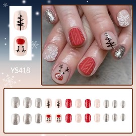 Christmas Press on Square Nails Short Length Glossy Full Cover Acrylic Xmas False Nails with Snowflake Designs Artificial Square Shaped Fake Nails with Charms Glue ons Fingernails for Women(YS418)