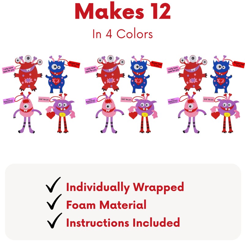 4E's Novelty Valentines Monster Craft Ornament (12 Pack) Foam Valentines