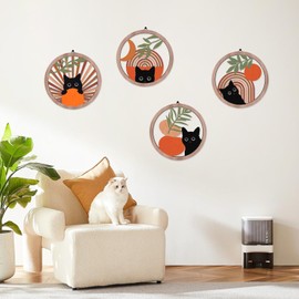 Viitech 4 Pcs Black Cat Wall Decor, 10''x10'' Farmhouse Wooden Boho Wall Decor, Geometric Hanging Wooden Wall Art Aesthetic for Farmhouse Bedroom Living Room Office