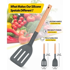 Pack of 2 Silicone Cooking Spatula, Heat Resistant Solid Turner, Non Stick Slotted Spatulas with Wooden Short Handle,Ideal Wood Kitchen Utensils Set for Frying, Baking, Flipping, Turning