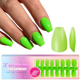 SXVME Soft Gel Nail Tips Short Coffin Gel X Nails, 300Pcs Pre-applied Tip Primer Gel X Nail Tips, Natural Neon Green Colored Gel Tips Acrylic Fake Nails Extensions False Nails Press ons for Easy DIY