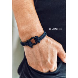 BIYONGDE Dark Blue Nautical Sailor Rope Bracelet, Two-row Dark Blue Friendship Bracelete with Stainless Steel Screw Marine Anchor Shackles