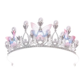 Girls Tiara Butterfly Princess Crown Gold Pearl Headband Rhinestone Hairpiece for Girls Decorative Princess Tiaras Hair Accessories (Silver)
