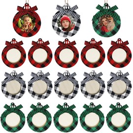 JOTFA 15 Pieces Christmas Ornament Picture Frame, Wooden Christmas Buffalo Plaid Photo Frame Ornaments with Bows Hanging Ornaments for Christmas Tree Decorations