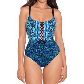 Skinny Dippers Women's Swimwear Kontiki Suga Babe Lace Up Removable Cup One Piece Swimsuit, Ocean Jewels, X-Large