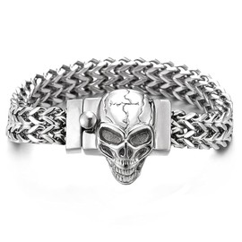 COOLSTEELANDBEYOND Mens Stainless Steel Double Franco Link Curb Chain Bracelet, Crack Skull Spring Box Clasp, Stainless Steel, not-applicable
