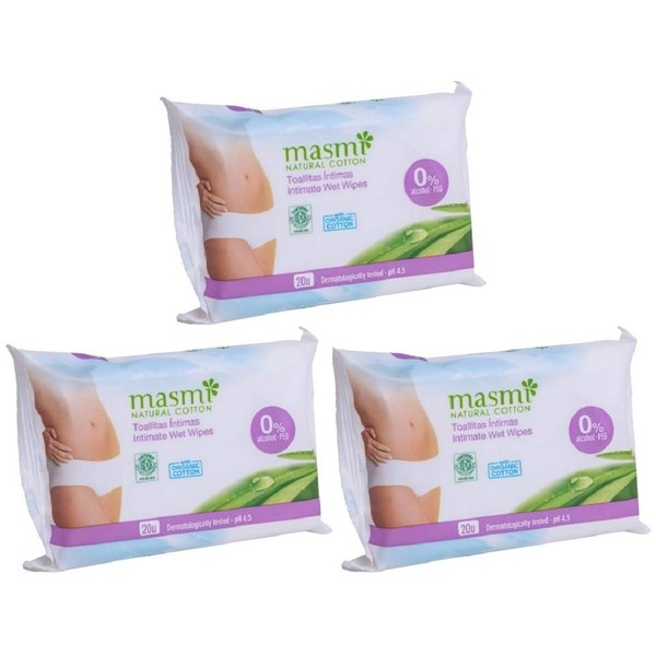 Masmi Intimate Feminine Hygiene Wet Wipes Organic Cotton With Bisabolol Marigold Chamomile And Lemon Balm, (Triple Pack)