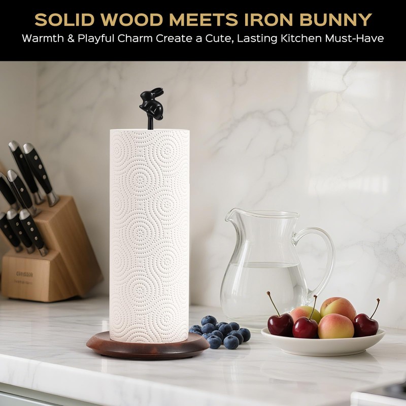 Wooden Paper Towel Holder Countertop, Cute Rabbit Design - Natural