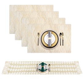 Table Runner Set Including 180cm Long Tablecloth with Tassels and 4PCS PVC Place Mats, Cotton Rustic Farmhouse Table Runner, Table Placemats Non-slip Heat Insulation for Kitchen Dinning Restaurant
