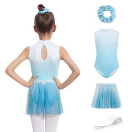 JiAmy Ballet Leotards for Girls 4 Pcs with Removable Skirt Gradient Color Dance Dress Outfit Combo Tights Scrunchy 4-5T,Blue