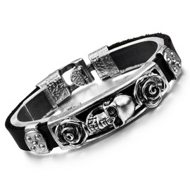 Flongo Leather Bracelet Bangle Cuff Black Silver Cuff Skull Skeleton Rose Roses Retro Motorcyclist Biker Men Women, Leather Metal, Without Stone