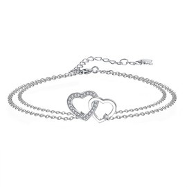 Arrebol Heart Bracelet Women's 925 Sterling Silver Double Love Heart Bracelets with Zirconia Adjustable Charm Bracelet 16 + 4 cm, Sterling Silver