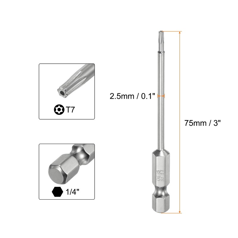 sourcing map T7 Security Torx Bit 1/4" Hex Shank 3"