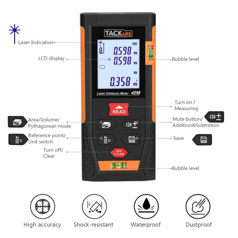 Tacklife HD40 Classic Laser Measure 131Ft M/In/Ft Mute Laser Distance