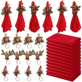 Tranqun 24 Pcs Christmas Napkins and Ring Set 12 Pcs Red Cloth Napkins Christmas Napkins Cloth Washable 12 Pcs Christmas Napkin Rings Christmas Ring Napkin Holder for Table Setting(Classic Style)