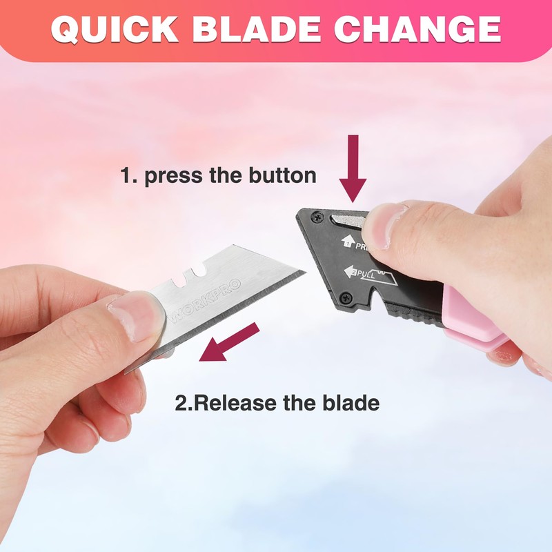 WORKPRO Folding Utility Knife, Quick Change Box Cutter, Pink Razor