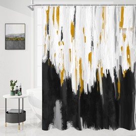 MitoVilla Abstract Black & Gold Shower Curtains for Chic Modern Bathroom Decor, Graffiti Vintage Fabric Shower Curtain, Brush Strokes Oil Painting Style, 72 x 72