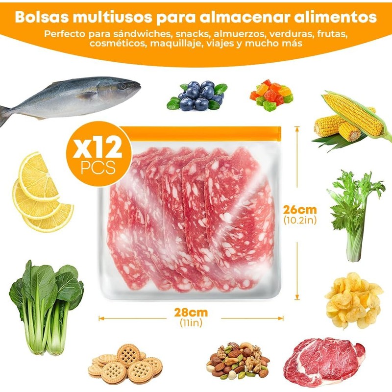12Pcs Bolsas Reutilizables para Alimentos Herméticas y Ecológicas (Naranja, 28x26cm)