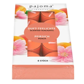 pajoma® Tea Lights Pack of 8, Peach | Scented Tea Lights in Polycarbonate Case, Burning Time Approx. 4 Hours - Height 1.5 cm Diameter 3.5 cm | Premium Quality | Decoration, Catering, Outdoor, Wind