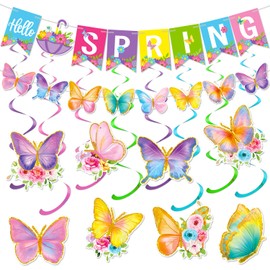 Hello Spring Banner Colorful Spring Break Paper Banner Colorful Butterflies Flowers Garland Hanging Swirls Streamer Holiday Hanging Decorations Easter Party Decors Supplies
