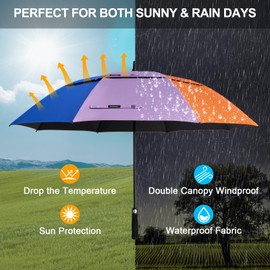 G4Free 68 Inch UV Protection Golf Umbrella Auto Open Vented Double Canopy Oversize Extra Large Windproof Sun Rain Umbrellas (Rainbow/Black)