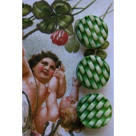 Set of 6 -Vintage 1/2" Green Gingham Painted Glass Buttons~ primitive ~old stock