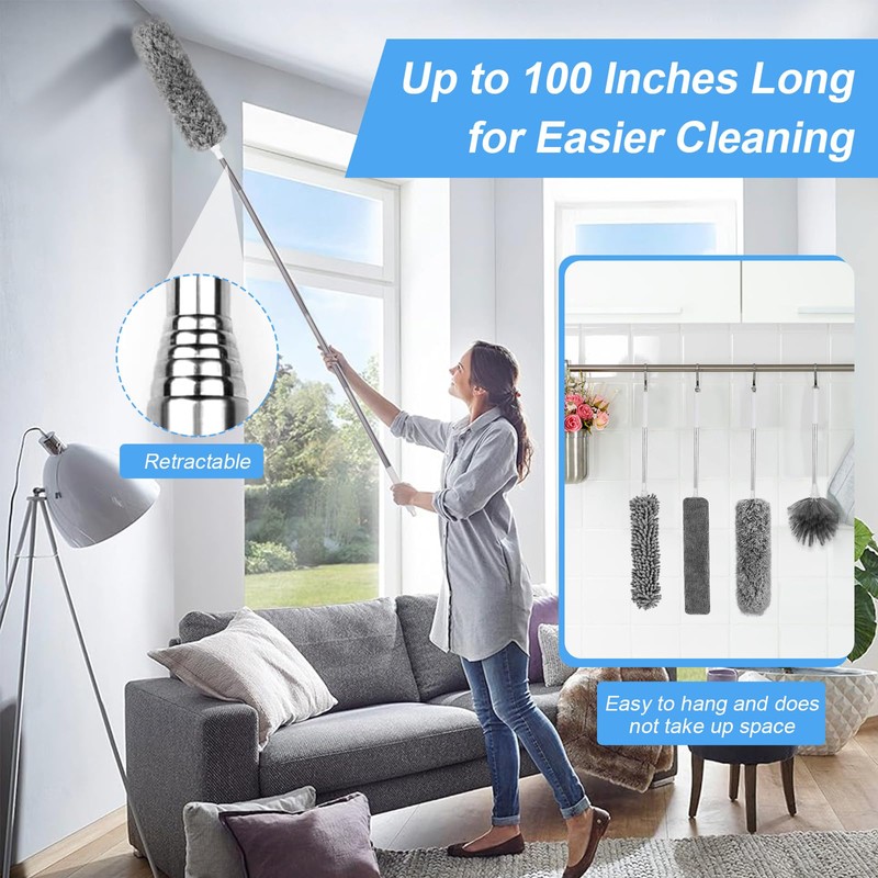 Duster for Cleaning 5-in-1 Kit, 100 Inches Duster with Extension