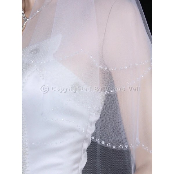 "Handmade" 2T White Elbow Scalloped Beaded Edge Bridal Wedding Veil