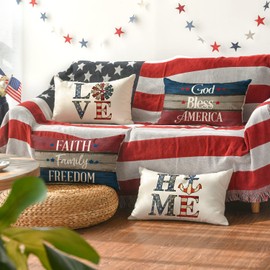 AVOIN colorlife God Bless America Throw Pillow Covers 12 x 20 Set of 4, Faith Family Freedom 4th of July Independence Memorial Day Patriotic Decorations for Sofa Couch