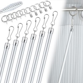 Shimeyao 6 Pack Curtain Pull Wand Stainless Steel Iron Drapery Pull Rod Versatile Metal Drapery Wand with 5 Rings and 5 Hooks for Opening Closing Curtains Homes Offices Window(Silver,36 Inch)