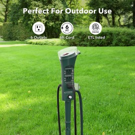BN-LINK Outdoor 6ft Extension Cord Power Stake with 6 Outlets, Outside Power Strip with Overload Protection & Weatherproof Covers, Waterproof Yard Stake Outlets Use for Camping, Sprinkler, Party