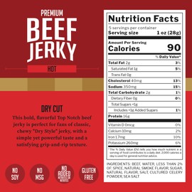 Top Notch Dry Cut Jerky – 5.0 oz Bag of Classic Dry Style Beef Jerky - High Protein Snacks for Kids and Adults Made From Locally Raised Beef, No Artificial Ingredients (Hot)