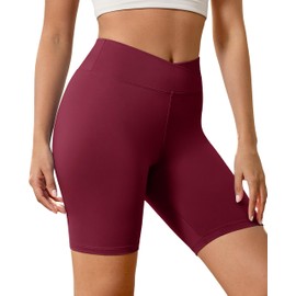 BAYDI Creamlush Crossover Women's Cycling Shorts - 20 cm V High Waisted Yoga Lounge Shorts, Comfortable & Stretchy, Burgundy red, L-XL