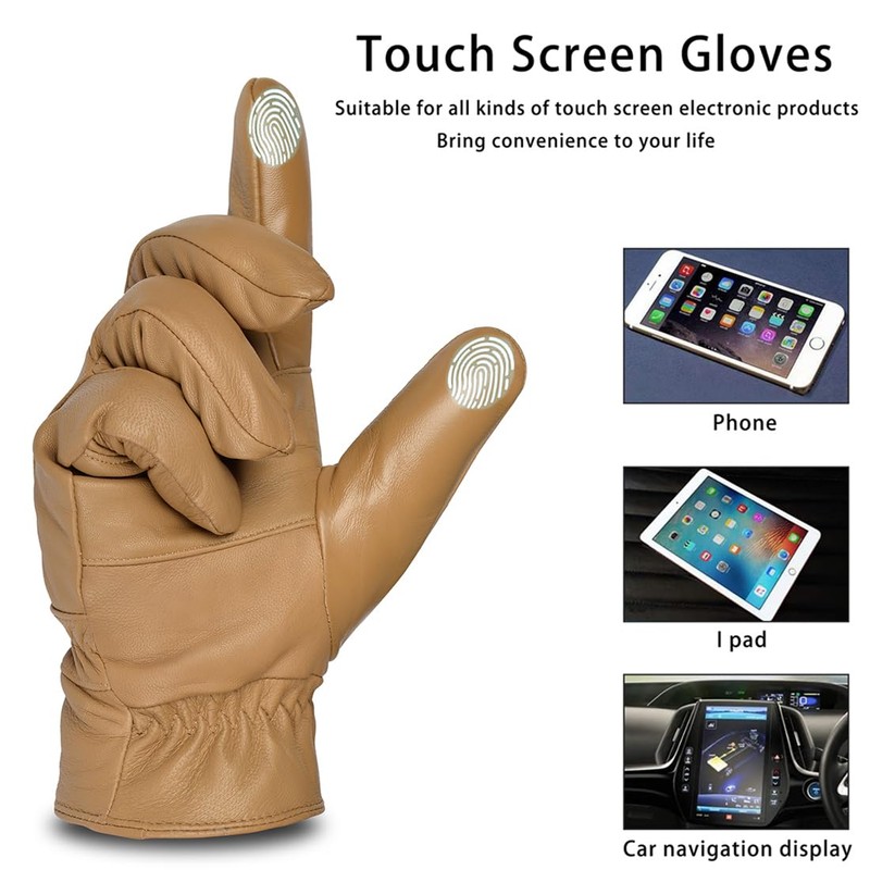 Harssidanzar Men Winter Leather Gloves Thermal Fur Lined Touchscreen Texting