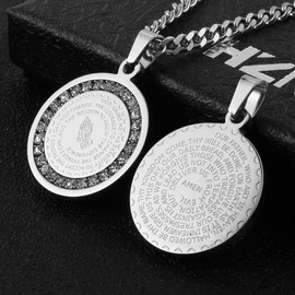 HZMAN Stainless Steel Bible Verse Prayer Necklace for Men Women Religious Christian Praying Hands Coin Medal Pendant Jewelry Gift (Silve-CZ)
