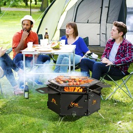 Giantex Fire Pit Grill, Outdoor Fire Pit with Removable 360° Swivel Cooking Grate, Collapsible Fire Bowl, Foldable Legs, Wood Burning BBQ Fireplaces Campfire Grill for Backyard Patio Picnic