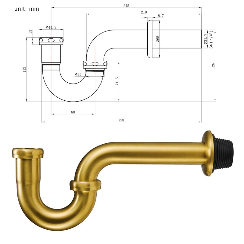 18 Gauge Solid Brass P-Trap 1 1/4” OD, Heavy Duty