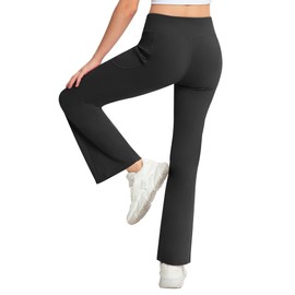 NORMOV Girl's Bootcut Yoga Pants with Pockets,High Waisted Casual Kids Bell Bottoms Pants (2Black/ Dark Grey/Navy/L)