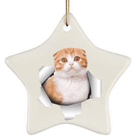 Funny Scottish Fold Cat White Red Coming Out of Cracked Wall Gifts 2024 Christmas Tree Ornaments Ceramic Star