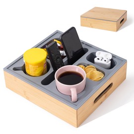 MsJelau Couch Cup Holder with Lid, Silicone Bed Caddy with Cup Holder, Bed Organizer for Drinks, Snacks, Remotes, Bamboo Couch Caddy for Sofa, Bed and Car(Dark Grey)