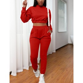 Mizoci Women's 2 Piece Outfits Lounge Jogger sets Long Sleeve Crop Top Pant Sweat Suit Tracksuit,Small,Red
