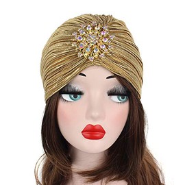 EORUBE Vintage Turban Hat with Crystal Brooch Feather Turban Headwraps for 1920s Gatsby Costume Cocktail Party (Brooch Style 1 - Gold)