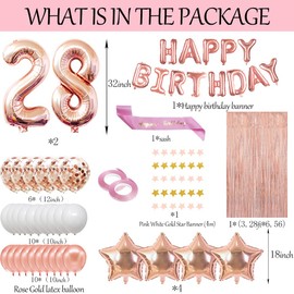 Fancypartyshop 28th Birthday Decorations - Rose Gold Happy Birthday Banner and Sash with Number 28 Balloons Latex Confetti balloons Ideal for Girl and Women 28 Years Old Birthday Rose Gold