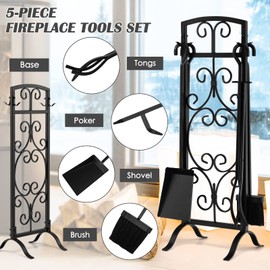 IRONMAX 5 Pieces Fireplace Tools Set, Indoor/Outdoor Fire Place Tools Set w/Integrated Handles, Wrought Iron Hearth Tools with Pedestal Base, Fireplace Brush, Shovel, Fire Poker, Firewood Tong