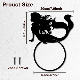 MAYJOYDIY Mermaid Metal Towel Ring Mermaid Sea Hand Towel Holder Round Ocean Theme Towel Hangers Black Bathroom Towel Rack Wall Mounted for Kitchen Bath Home Laundry Room Decors Gifts