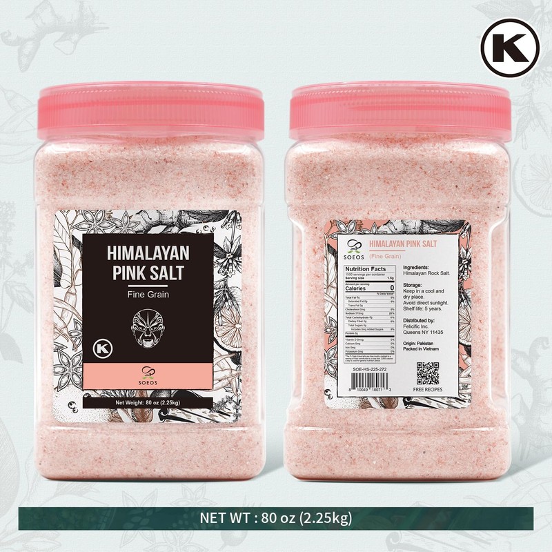Soeos Himalayan Pink Salt, Fine Grain, 80oz (5 Pound), Non-GMO