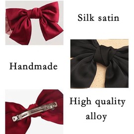 2PCS Bow Hair Clip, Large Hair Bows Hair Barrettes Silky Satin Ribbon French Bowknot Hair Clips Solid Color Hair Bows Barrettes for Women Girls (Red & Black）